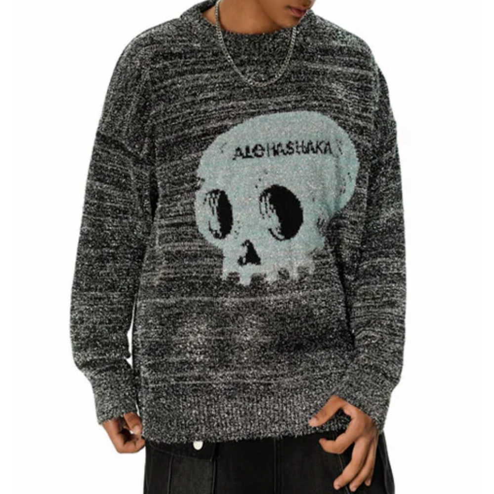 🦜 Unisex Skull Statement Sweater MEDIUM Silver Aloha Shaka Punk Grunge Rock EUC